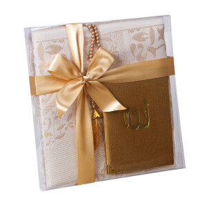 Geschenkbox Set mit Gebetsteppich, Tesbih und Surenbuch Gold